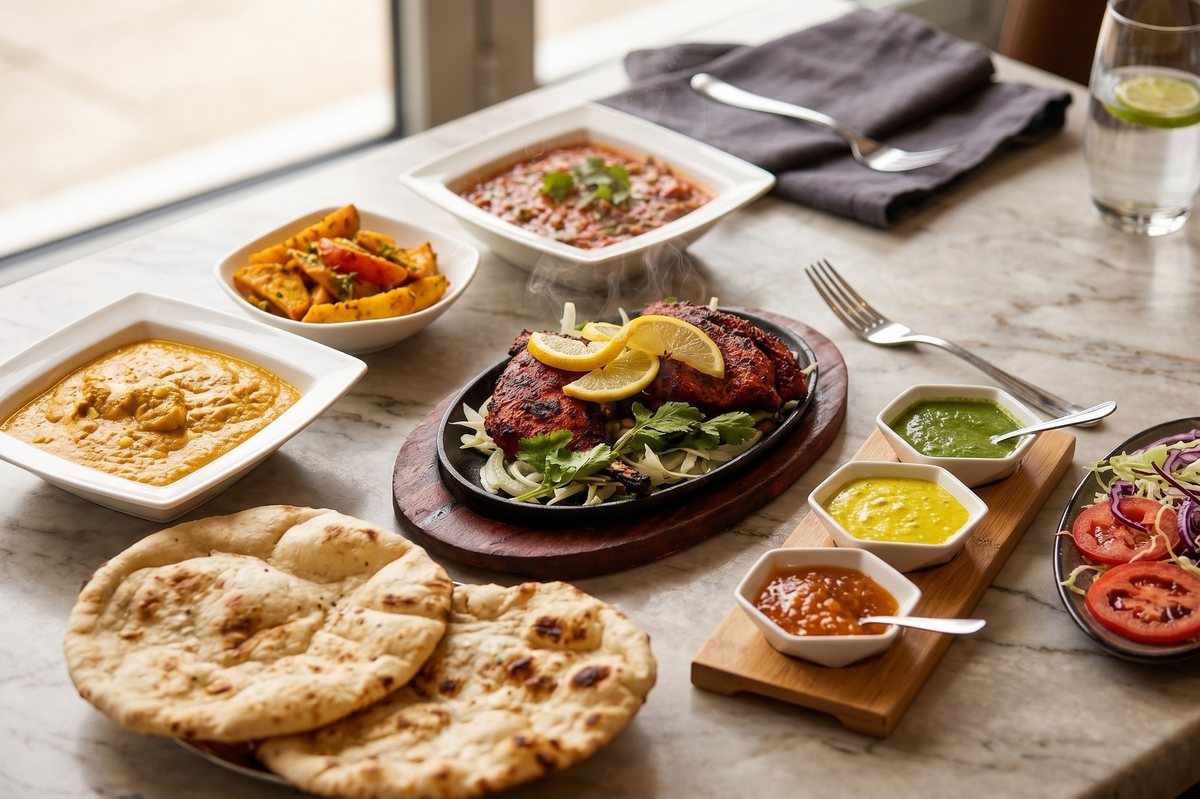 Chutneys and a fresh salad served in white dishes on a wooden board