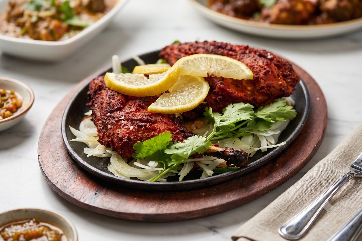 A tandoori dish served on a sizzling cast-iron platter with lemon slices, onion and fresh coriander