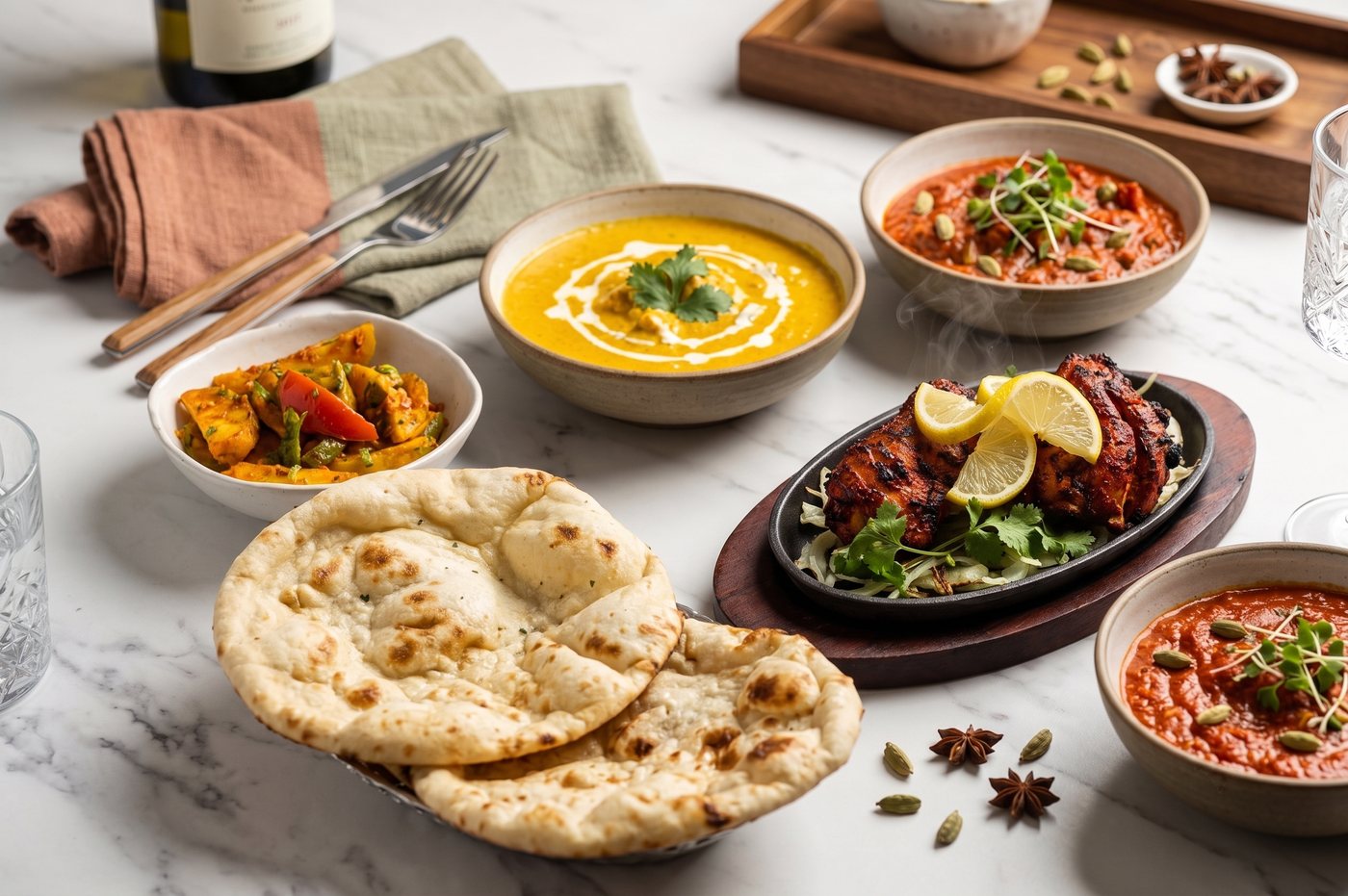 A spread of So India dishes: naan breads, tarka dall, a curry, a tandoori sizzler and chutneys